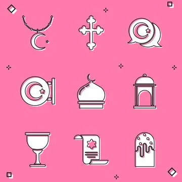 Set Star and crescent on chain, Christian cross, Muslim Mosque, Holy grail .. Stock Illustration