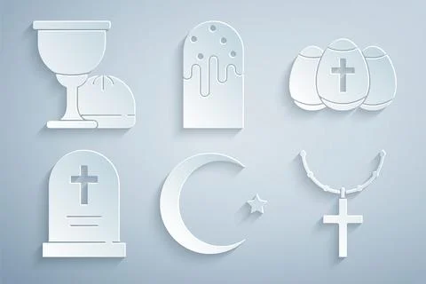 Set Star and crescent, Easter egg, Tombstone with cross, Christian chain, cake Stock Illustration