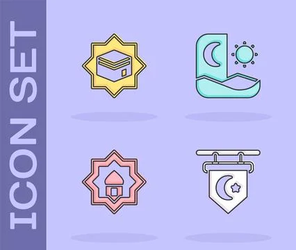 Set Star and crescent, Kaaba mosque, Muslim Mosque and Ramadan fasting icon.. Stock Illustration