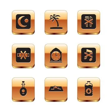 Set Star and crescent, Lute, Muslim man prays, Clock, No sweets, Ramadan fasting Stock Illustration