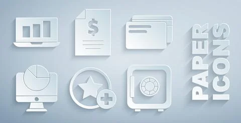 Set Star, Credit card, Computer monitor with graph chart, Safe, Contract money Stock Illustration