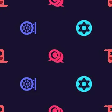 Set Star of David, Dharma wheel, and crescent and Torah scroll on seamless Stock Illustration