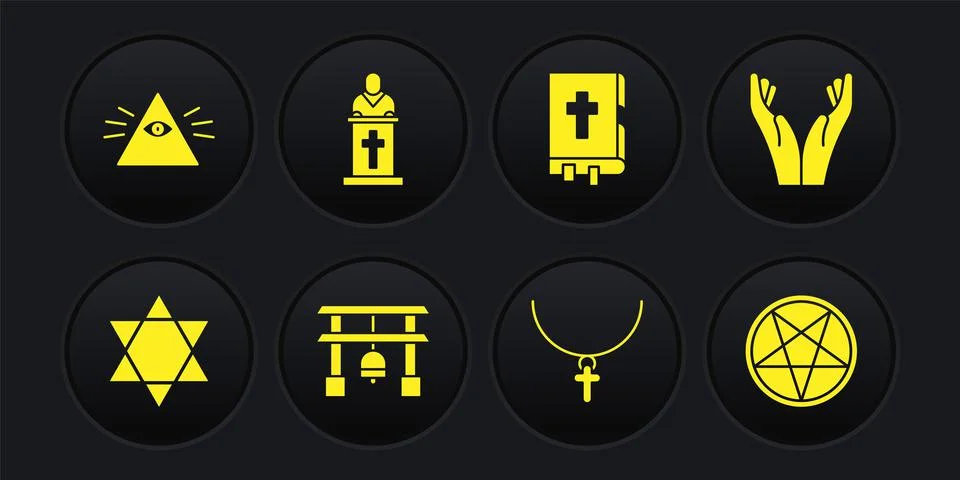 Set Star of David, Hands in praying position, Japan Gate, Christian cross chain Stock-Illustration