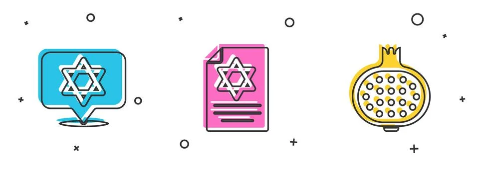 Set Star of David, Torah scroll and Pomegranate icon. Vector Illustrazione stock