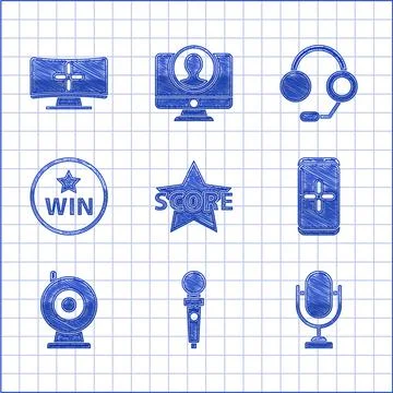 Set Star, Joystick for arcade machine, Microphone, Smartphone and playing game Stock Illustration