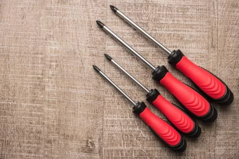 Set of star key. Tools over a wood panel. Top view with copy space. Foto stock