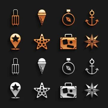 Set Starfish, Anchor, Wind rose, Suitcase, Map pointer with star, Compass, and Stock Illustration