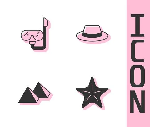 Set Starfish, Diving mask and snorkel, Egypt pyramids and Man hat with ribbon Stock Illustration