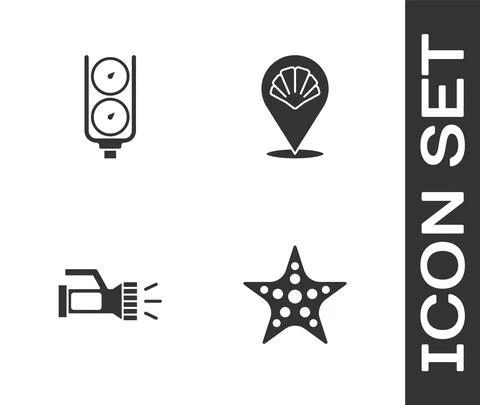 Set Starfish, Gauge scale, Flashlight and Scallop sea shell icon. Vector 스톡 일러스트
