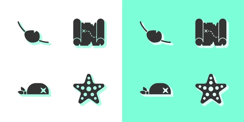 Set Starfish, Pirate eye patch, bandana for head and treasure map icon. Vector Illustrazione stock