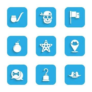 Set Starfish, Pirate hook, hat, Location pirate, Bomb ready to explode, flag and 库存插图