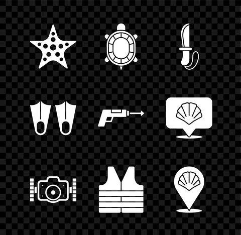 Set Starfish, Turtle, Knife, Photo camera, Life jacket, Scallop sea shell Stock Illustration