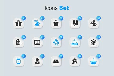 Set Stars rating, Barcode, Auction hammer, Mobile shopping, Shopping basket.. Stock Illustration