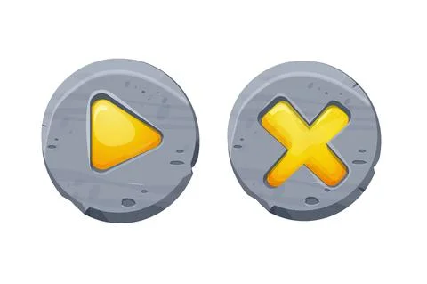 Set start and closed buttons on stone circle in comic cartoon style, ui game Illustrazione stock