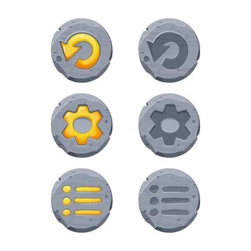 Set start and closed buttons on stone circle in comic cartoon style, ui game Stock Illustration