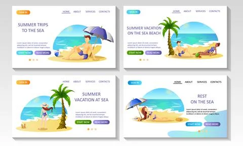 A set of start pages dedicated to seaside vacations. People are on the beach. Stock Illustration