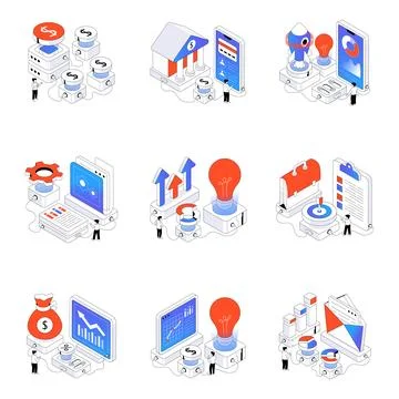 Set of Startup and Launch Isometric Illustrations Stock Illustration