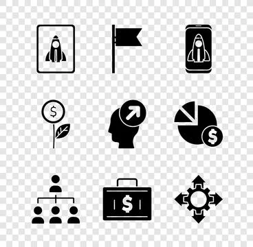Set Startup project concept, Location marker, Hierarchy organogram chart Illustrazione stock