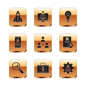 Set Startup project concept, Magnifying glass and analysis, Briefcase money Stock Illustration