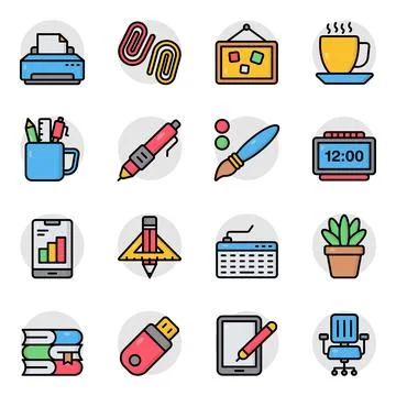 Set of Stationary and Devices Flat Icons Stock Illustration