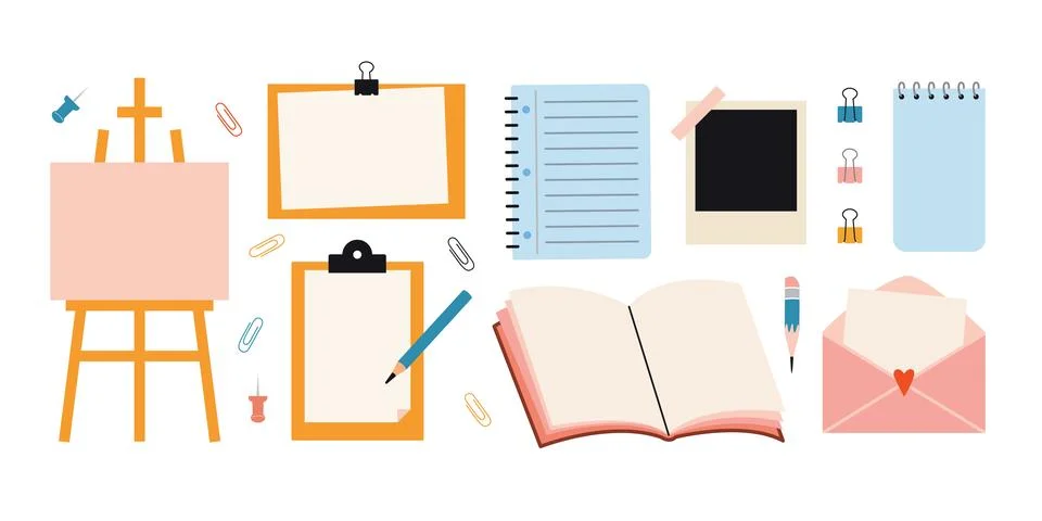 Set of stationery items with empty space for text, including easel, clipboa.. Stock Illustration
