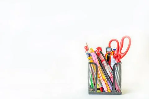 Set of stationery items as scissors, cutter, pen and pencil. Stock-Fotos