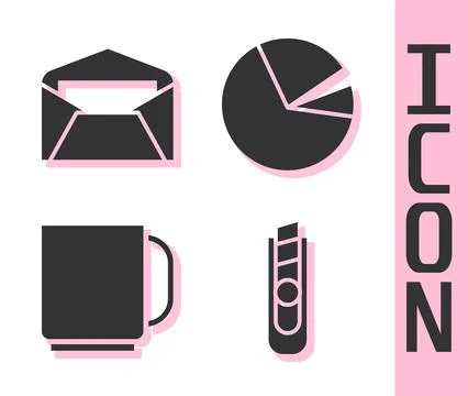 Set Stationery knife, Envelope, Coffee cup and Pie chart infographic icon. .. Stock Illustration