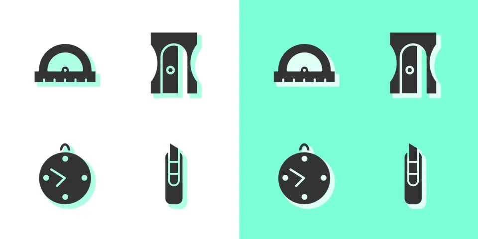 Set Stationery knife, Protractor, Clock and Pencil sharpener icon. Vector Stock Illustration