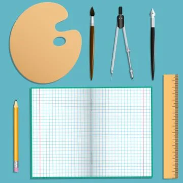 Set of stationery for school and creative work. Isolated objects. Turquoise Stock Illustration