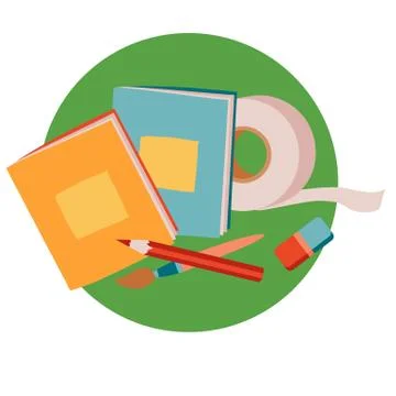 Set of stationery for school and creativity from notebooks, erasers, brushes and Stock Illustration