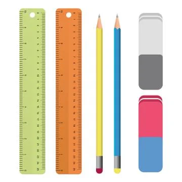 Set of stationery tools outlines: ruler, pencil, eraser. School supplies, D.. Stock Illustration