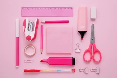 Set of stationery for work and study on pink background. Back to school. .Top Stock Photos