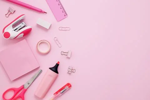 Set of stationery for work and study on pink background. Back to school. .Top Stock Photos
