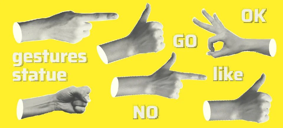 Set statue hands halftone style for collage design. Fingers Stock Illustration