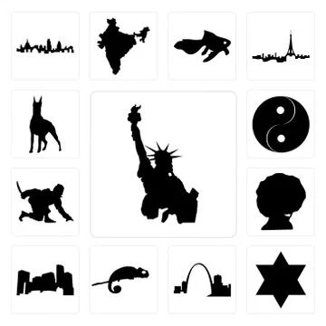 Set of statue liberty, star david, missouri, chameleon, minnesota, afro, ninj Free Stock Illustration