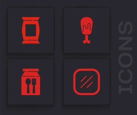 Set Steak meat, Bag or packet potato chips, Chicken leg and Online ordering and Stock Illustration
