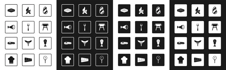 Set Steak meat, Barbecue fork, Chicken leg, grill, Campfire, and icon. Vector イラスト素材