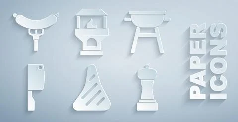 Set Steak meat, Barbecue grill, Meat chopper, Pepper, Brick stove and Sausa.. Stock Illustration