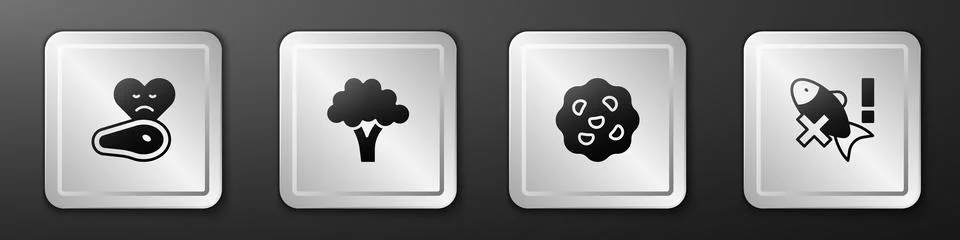 Set Steak meat, Broccoli, Cookie or biscuit and No fish icon. Silver square b Illustrazione stock