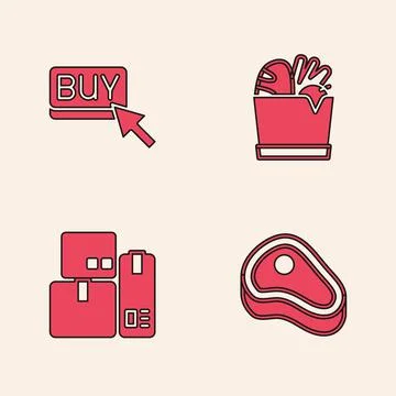 Set Steak meat, Buy button, Shopping bag and food and Cash register machine icon Stock Illustration