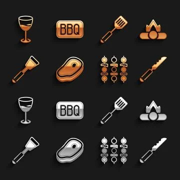 Set Steak meat, Campfire, Bread knife, Grilled shish kebab, Spatula, Wine g.. Stock Illustration