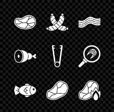 Set Steak meat, Crossed sausage, Bacon stripe, Fish, Grilled steak and fire.. Stock Illustration