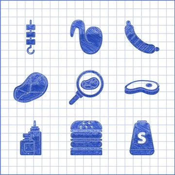 Set Steak meat in frying pan, Burger, Salt, Sauce bottle, Sausage and Grill.. Stock Illustration