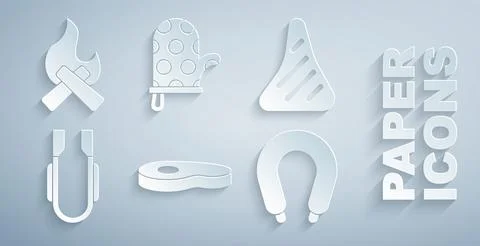 Set Steak meat, Meat tongs, Sausage, Oven glove and Campfire icon. Vector Stock Illustration