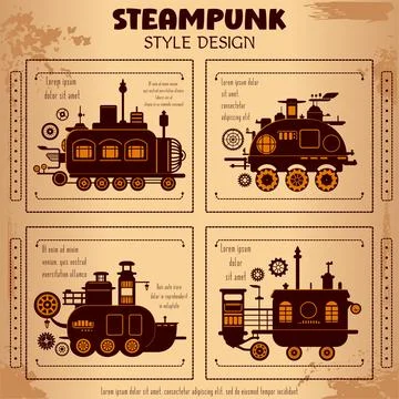 Set of steam engine machines. Collection of vector steampunk style steam po.. Stock Illustration