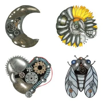 Set of Steampunk Elements Drawn by Color Pencil. Stock Illustration