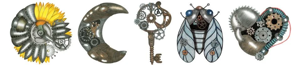 Set of Steampunk Elements Drawn by Color Pencil. Stock Illustration