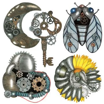 Set of Steampunk Elements Drawn by Color Pencil. Stock Illustration