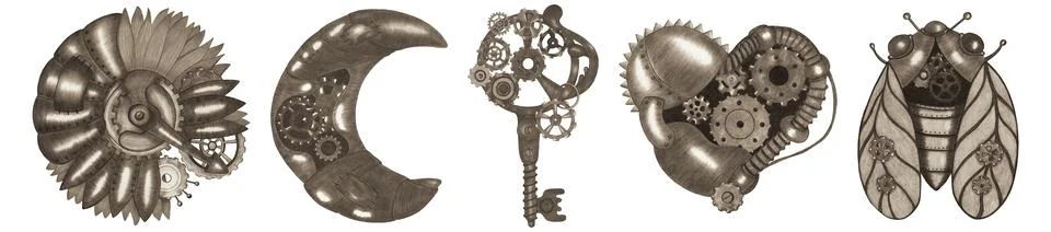 Set of Steampunk Elements Drawn by Colored Pencil. Stock Illustration
