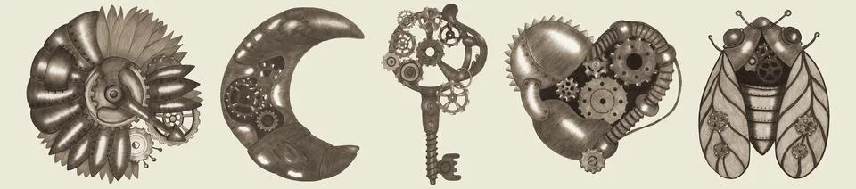 Set of Steampunk Elements Drawn by Colored Pencil. Stock Illustration